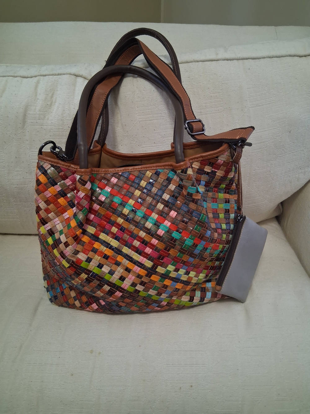 Amerileather Multicolor Woven Leather Tote Bag With Pouch